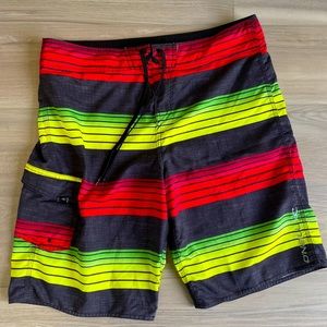 Oneill Boardshorts Swim Trunks Mens Sz 36 Jamaica Green Yellow Red Black Striped